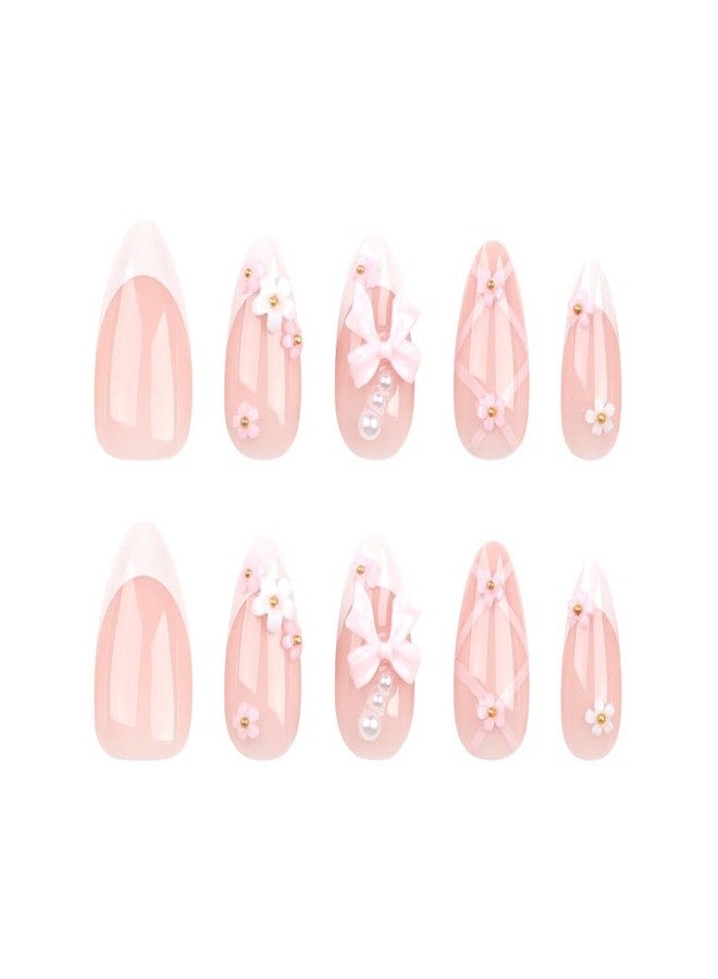 Foccna French Press on Nails Medium Rhinestone Pink Fake Nails Almond Bling Glossy 3D Flower False Nail Tips Artificial Nails Finger Manicure for Women&Girls -24 pcs - Image 3
